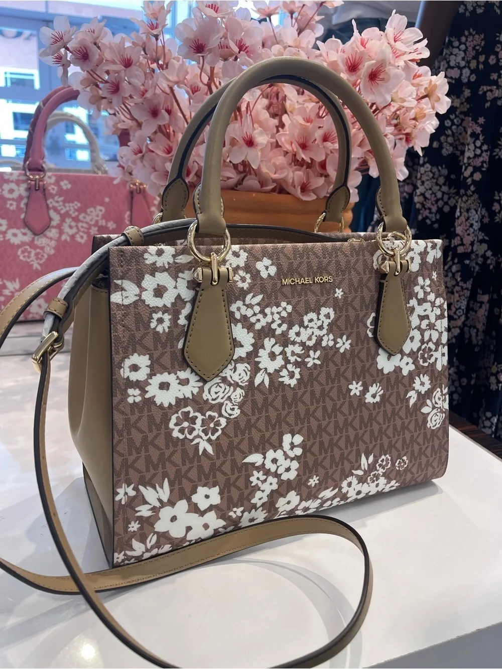 MICHAEL KORS Marilyn Medium Printed Signature Logo Satchel Crossbody  CAMEL NWT